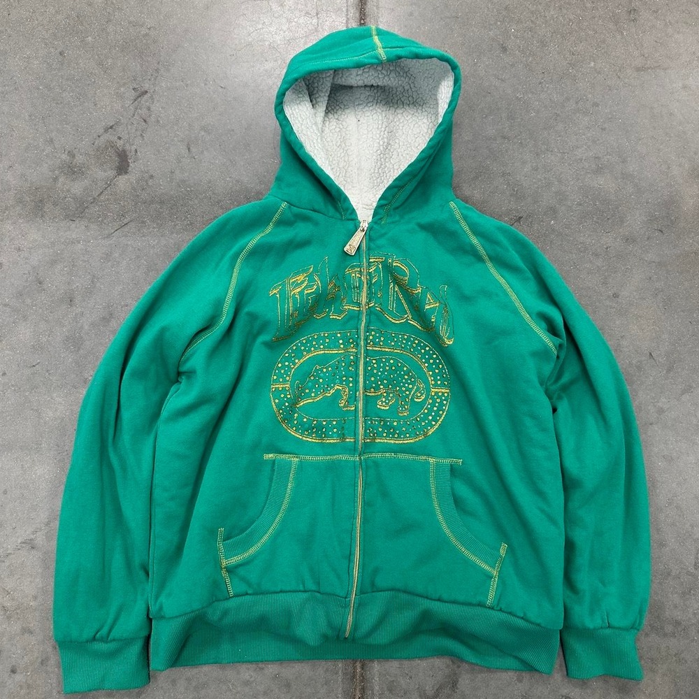 Y2K Ecko Unltd. Green Zip Up Hoodie with Gold Rhinestone Logo Size 3XL